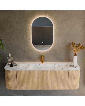 Mondiaz Kurve-Dlux 150cm badmeubel ronding Links + Rechts kleur Oak met 1 lade en 2 deuren. Wastafel Big medium Midden 1 kraangat Glace.