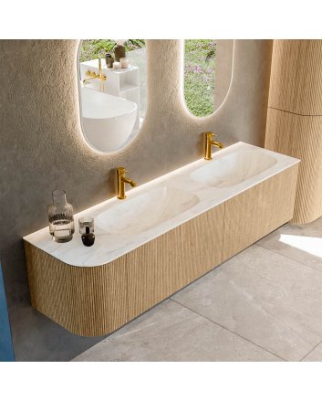 Mondiaz Kurve-Dlux 175cm badmeubel ronding Links kleur Oak met 2 lades en 1 deur. Wastafel Stor small Dubbel / Rechts 2 kraangaten Ostra.