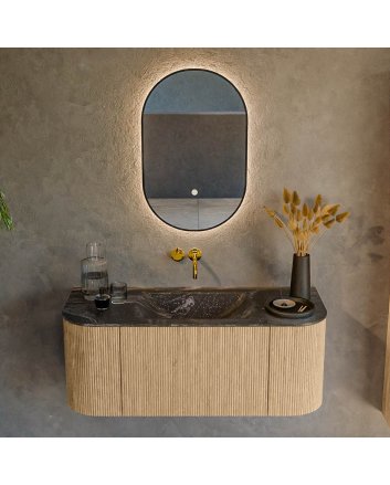 Mondiaz Kurve-Dlux 110cm badmeubel ronding Links + Rechts kleur Oak met 1 lade en 2 deuren. Wastafel Cloud Midden zonder kraangat Lava.