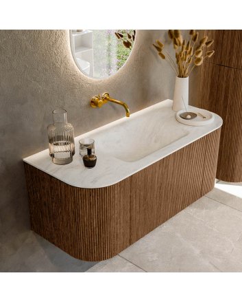 Mondiaz Kurve-Dlux 110cm badmeubel ronding Links + Rechts kleur Walnut met 1 lade en 2 deuren. Wastafel Cloud Midden zonder kraangat Opalo.