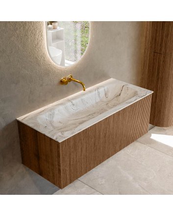 Mondiaz Kurve-Dlux 110cm badmeubel kleur Walnut met 1 lade en 0 deuren. Wastafel Big medium Midden zonder kraangat Glace.