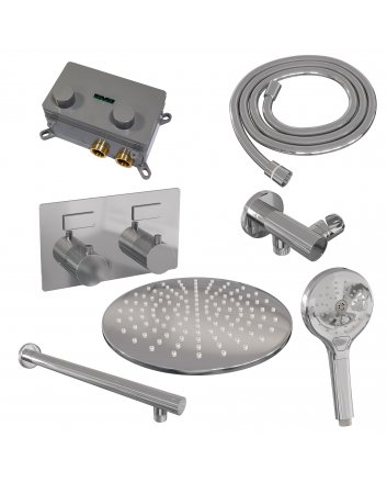 BRAUER Chrome Carving thermostatische inbouw regendouche met drukknoppen SET 56 met 30 cm douchekop en rechte muurarm en 3-standen handdouche en doucheslang en wandaansluitbocht chroom
