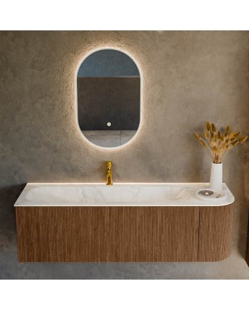 Mondiaz Kurve-Dlux 145cm badmeubel ronding Rechts kleur Walnut met 1 lade en 1 deur. Wastafel Big large Links 1 kraangat Ostra.