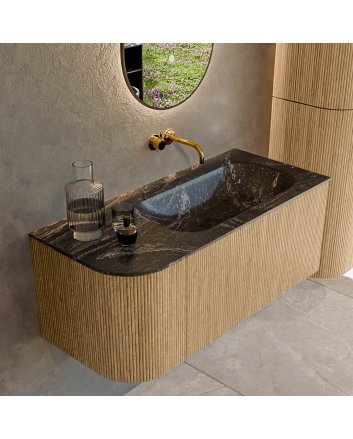 Mondiaz Kurve-Dlux 105cm badmeubel ronding Links kleur Oak met 1 lade en 1 deur. Wastafel Big small Rechts zonder kraangat Lava.