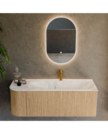 Mondiaz Kurve-Dlux 125cm badmeubel ronding Links kleur Oak met 1 lade en 1 deur. Wastafel Big medium Rechts 1 kraangat Frappe.