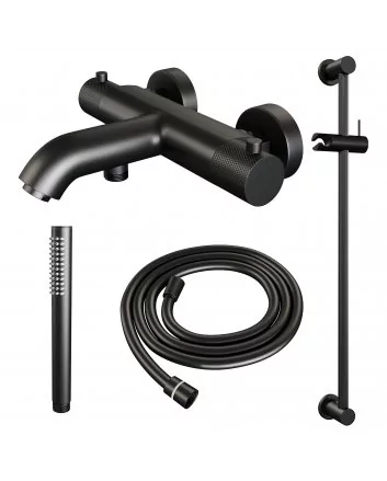 BRAUER Black Carving opbouw baddouche thermostaatkraan SET 01 met glijstang en staaf handdouche en doucheslang mat zwart
