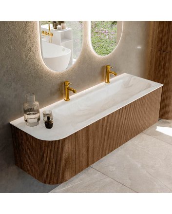 Mondiaz Kurve-Dlux 145cm badmeubel ronding Links kleur Walnut met 1 lade en 1 deur. Wastafel Big large Rechts 2 kraangaten Ostra.