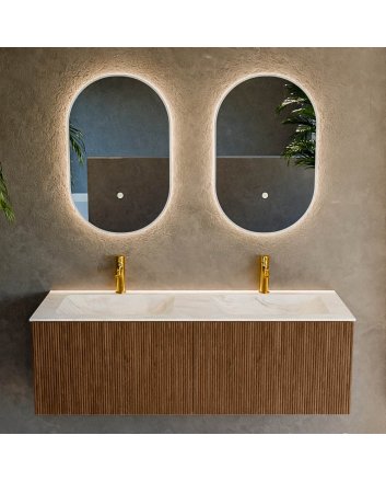 Mondiaz Kurve-Dlux 130cm badmeubel kleur Walnut met 2 lades en 0 deuren. Wastafel Leaf Dubbel 2 kraangaten Ostra.
