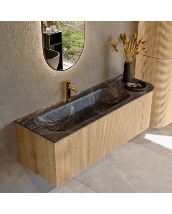 Mondiaz Kurve-Dlux 135cm badmeubel ronding Rechts kleur Oak met 1 lade en 1 deur. Wastafel Big medium Links 1 kraangat Lava.