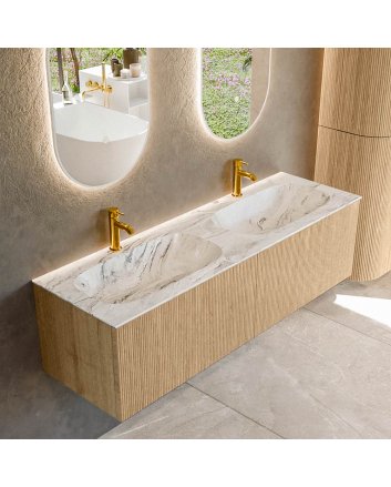 Mondiaz Kurve-Dlux 150cm badmeubel kleur Oak met 2 lades en 0 deuren. Wastafel Stor small Dubbel 2 kraangaten Glace.