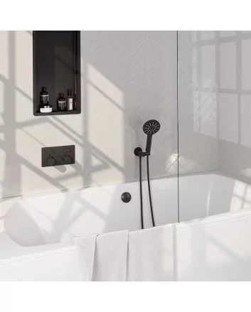 BRAUER Black Carving thermostatische inbouw badkraan met drukknoppen SET 04 met badvulcombinatie en 3-standen handdouche en doucheslang en wandaansluitbocht mat zwart