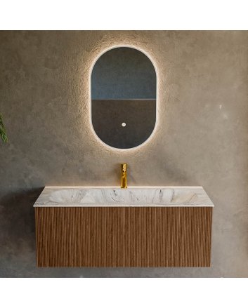 Mondiaz Kurve-Dlux 110cm badmeubel kleur Walnut met 1 lade en 0 deuren. Wastafel Big medium Midden 1 kraangat Glace.
