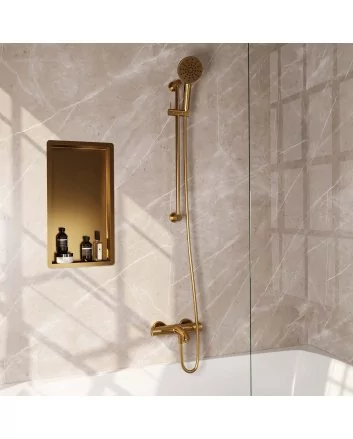 BRAUER Gold Carving opbouw baddouche thermostaatkraan SET 02 met glijstang en 3-standen handdouche en doucheslang goud geborsteld PVD