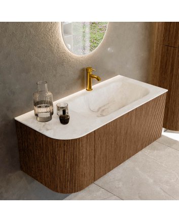 Mondiaz Kurve-Dlux 105cm badmeubel ronding Links kleur Walnut met 1 lade en 1 deur. Wastafel Big small Rechts 1 kraangat Frappe.