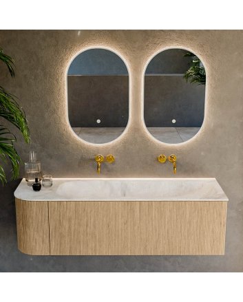 Mondiaz Kurve-Dlux 145cm badmeubel ronding Links kleur Oak met 1 lade en 1 deur. Wastafel Big large Rechts zonder kraangat Frappe.