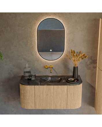 Mondiaz Kurve-Dlux 100cm badmeubel ronding Links + Rechts kleur Oak met 1 lade en 2 deuren. Wastafel Grunne Midden zonder kraangat Lava.