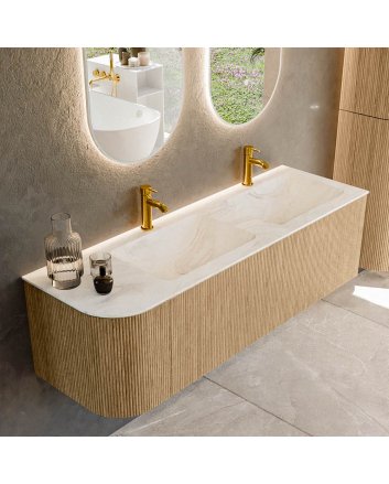 Mondiaz Kurve-Dlux 145cm badmeubel ronding Links kleur Oak met 1 lade en 1 deur. Wastafel Leaf Dubbel / Rechts 2 kraangaten Ostra.