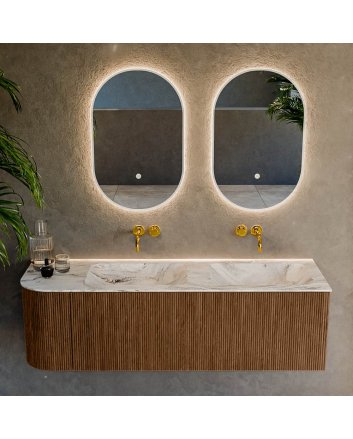 Mondiaz Kurve-Dlux 145cm badmeubel ronding Links kleur Walnut met 1 lade en 1 deur. Wastafel Leaf Dubbel / Rechts zonder kraangat Glace.