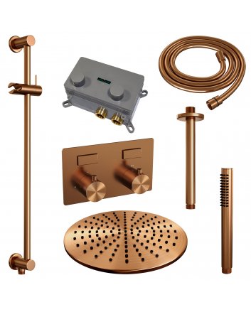 BRAUER Copper Edition thermostatische inbouw regendouche met drukknoppen SET 66 met 30 cm douchekop en plafondarm en staaf handdouche en doucheslang en geïntegreerde glijstang koper geborsteld PVD