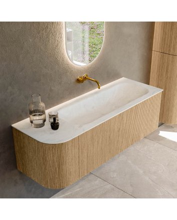 Mondiaz Kurve-Dlux 135cm badmeubel ronding Links kleur Oak met 1 lade en 1 deur. Wastafel Big medium Rechts zonder kraangat Opalo.