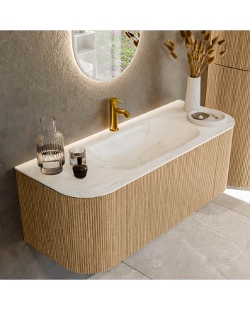 Mondiaz Kurve-Dlux 120cm badmeubel ronding Links + Rechts kleur Oak met 1 lade en 2 deuren. Wastafel Big small Midden 1 kraangat Ostra.