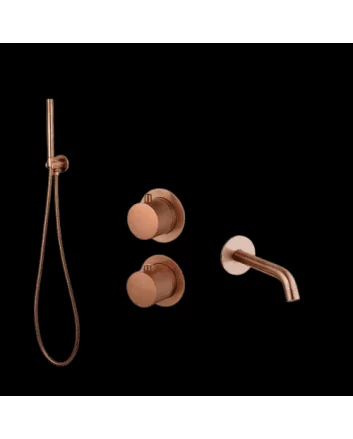 Sani DeLuxe Badset inbouw met box thermostaat, muurbevestiging / doucheslang, staafhanddouche / afwerkringen / rond Brons met geribbeld knop