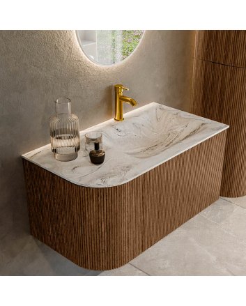 Mondiaz Kurve-Dlux 85cm badmeubel ronding Links kleur Walnut met 1 lade en 1 deur. Wastafel Cloud Rechts 1 kraangat Glace.
