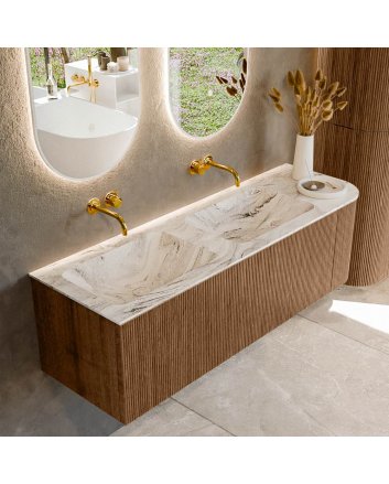 Mondiaz Kurve-Dlux 145cm badmeubel ronding Rechts kleur Walnut met 1 lade en 1 deur. Wastafel Leaf Dubbel / Links zonder kraangat Glace.