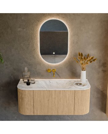 Mondiaz Kurve-Dlux 110cm badmeubel ronding Links + Rechts kleur Oak met 1 lade en 2 deuren. Wastafel Cloud Midden zonder kraangat Glace.