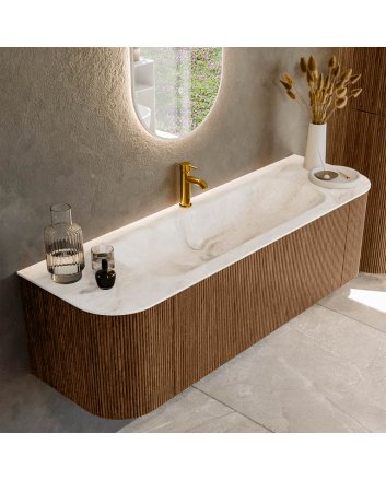 Mondiaz Kurve-Dlux 150cm badmeubel ronding Links + Rechts kleur Walnut met 1 lade en 2 deuren. Wastafel Big medium Midden 1 kraangat Frappe.