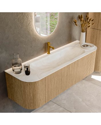 Mondiaz Kurve-Dlux 150cm badmeubel ronding Links + Rechts kleur Oak met 1 lade en 2 deuren. Wastafel Big medium Midden 1 kraangat Ostra.