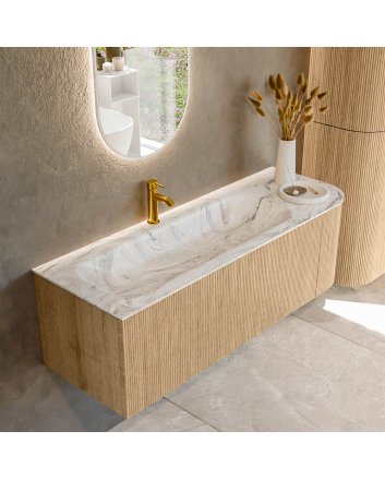 Mondiaz Kurve-Dlux 135cm badmeubel ronding Rechts kleur Oak met 1 lade en 1 deur. Wastafel Big medium Links 1 kraangat Glace.
