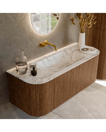 Mondiaz Kurve-Dlux 120cm badmeubel ronding Links + Rechts kleur Walnut met 1 lade en 2 deuren. Wastafel Big small Midden zonder kraangat Glace.