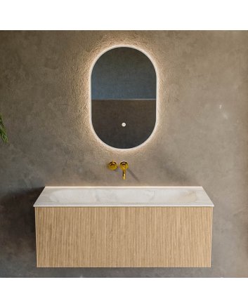 Mondiaz Kurve-Dlux 110cm badmeubel kleur Oak met 1 lade en 0 deuren. Wastafel Big medium Midden zonder kraangat Ostra.