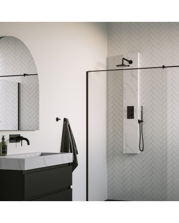 BRAUER Black Edition thermostatisch douchepaneel 2-weg omstelling calacatta gold SET 01 met 20 cm douchekop en gebogen muurarm en staaf handdouche en wandaansluitbocht en doucheslang mat zwart