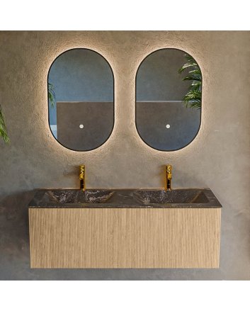 Mondiaz Kurve-Dlux 120cm badmeubel kleur Oak met 1 lade en 0 deuren. Wastafel Leaf Dubbel 2 kraangaten Lava.