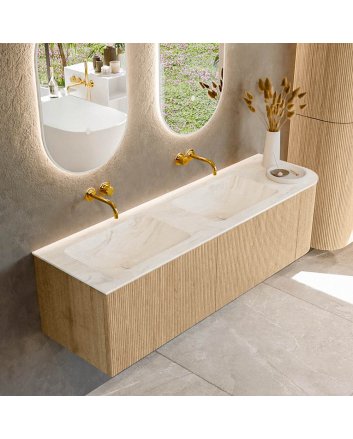 Mondiaz Kurve-Dlux 155cm badmeubel ronding Rechts kleur Oak met 2 lades en 1 deur. Wastafel Leaf Dubbel / Links zonder kraangat Ostra.
