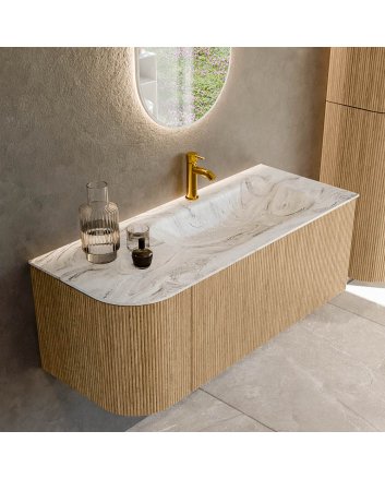 Mondiaz Kurve-Dlux 115cm badmeubel ronding Links kleur Oak met 1 lade en 1 deur. Wastafel Big small Rechts 1 kraangat Glace.