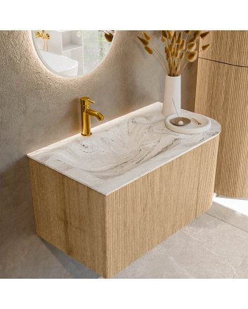 Mondiaz Kurve-Dlux 85cm badmeubel ronding Rechts kleur Oak met 1 lade en 1 deur. Wastafel Cloud Links 1 kraangat Glace.