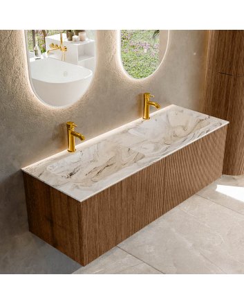 Mondiaz Kurve-Dlux 130cm badmeubel kleur Walnut met 2 lades en 0 deuren. Wastafel Leaf Dubbel 2 kraangaten Glace.