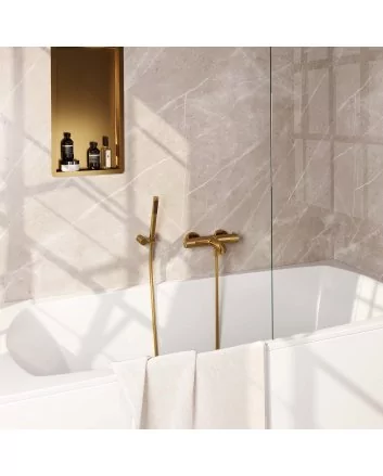 BRAUER Gold Carving opbouw baddouche thermostaatkraan SET 03 met wandhouder en staaf handdouche en doucheslang goud geborsteld PVD