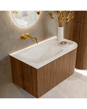 Mondiaz Kurve-Dlux 85cm badmeubel ronding Rechts kleur Walnut met 1 lade en 1 deur. Wastafel Cloud Links zonder kraangat Ostra.