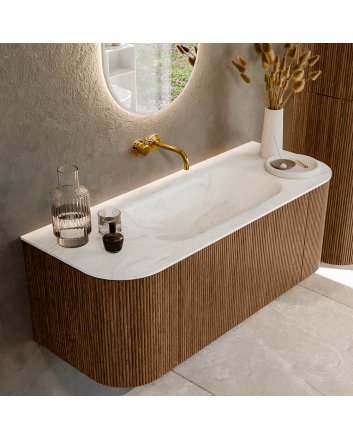 Mondiaz Kurve-Dlux 120cm badmeubel ronding Links + Rechts kleur Walnut met 1 lade en 2 deuren. Wastafel Big small Midden zonder kraangat Ostra.