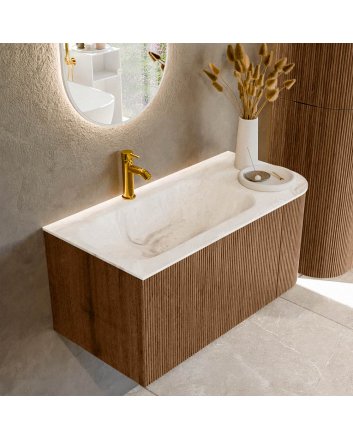 Mondiaz Kurve-Dlux 95cm badmeubel ronding Rechts kleur Walnut met 1 lade en 1 deur. Wastafel Big small Links 1 kraangat Frappe.