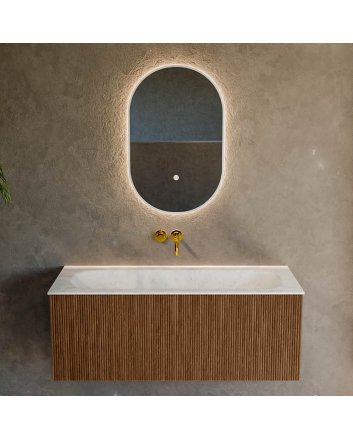 Mondiaz Kurve-Dlux 110cm badmeubel kleur Walnut met 1 lade en 0 deuren. Wastafel Big medium Midden zonder kraangat Opalo.