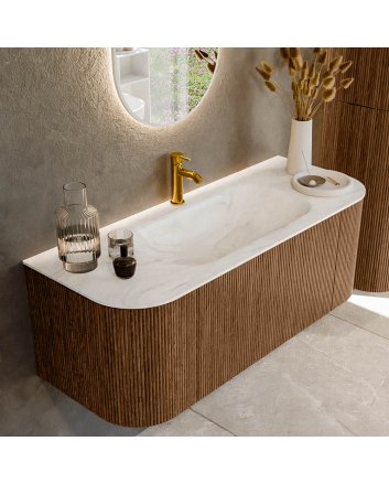 Mondiaz Kurve-Dlux 120cm badmeubel ronding Links + Rechts kleur Walnut met 1 lade en 2 deuren. Wastafel Big small Midden 1 kraangat Ostra.