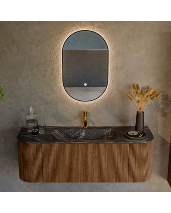 Mondiaz Kurve-Dlux 130cm badmeubel ronding Links + Rechts kleur Walnut met 1 lade en 2 deuren. Wastafel Big small Midden 1 kraangat Lava.