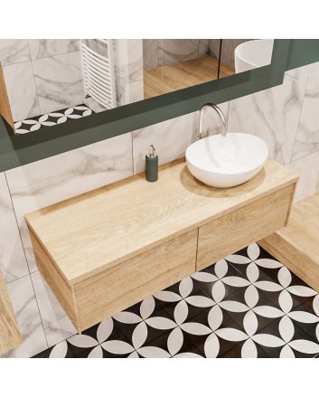 Mondiaz Lush 120 badmeubel washed oak 2 lades wastafel Barco rechts 1 kraangat