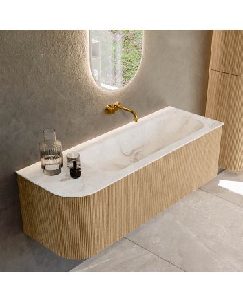 Mondiaz Kurve-Dlux 135cm badmeubel ronding Links kleur Oak met 1 lade en 1 deur. Wastafel Big medium Rechts zonder kraangat Frappe.