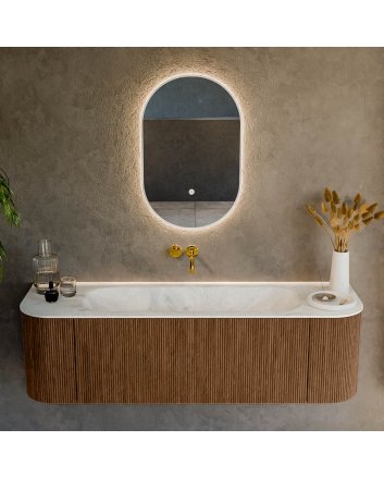 Mondiaz Kurve-Dlux 150cm badmeubel ronding Links + Rechts kleur Walnut met 1 lade en 2 deuren. Wastafel Big medium Midden zonder kraangat Opalo.